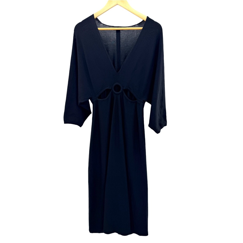 Scanlan Theodore Black Cutout O-Ring Midi Dress M Knit Kimono Sleeve Minimal